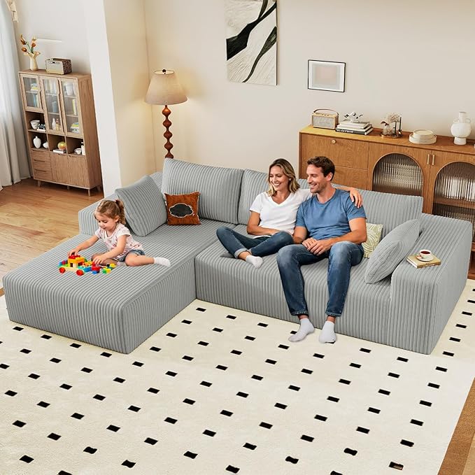 96" Modular Sectional Couch, Boneless L Shaped Cloud Sofa with Chaise Lounge, Corduroy Upholstered Couches Memory Foam Deep Seat, No Assembly Required, Ideal for Living Room(Light Gray, Left Facing)