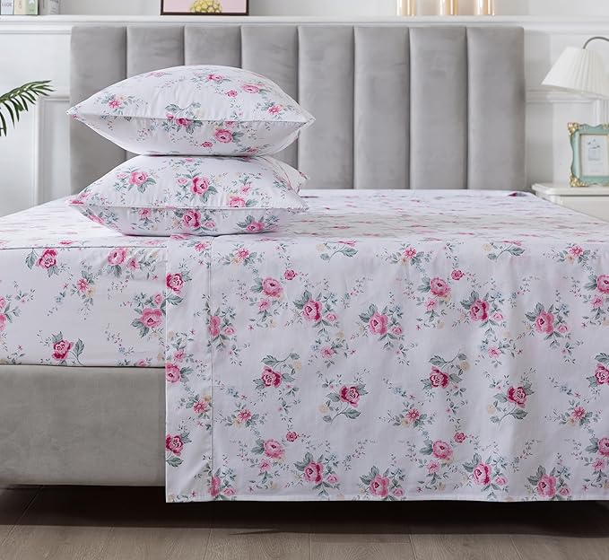 FADFAY Rose Sheets Set Queen Pink Floral Bedding Rustic Botanical Flower Bed Sheet Set Vintage Farmhouse Bedding 100% Cotton Soft Breathable Collection with Deep Pocket Fitted Sheet 4Pcs, Queen Size