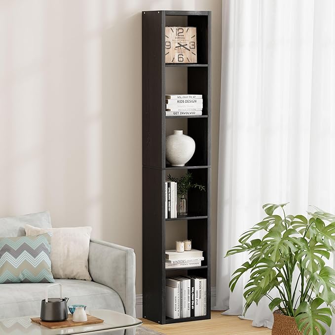 6 Cube Storage Organizer Single Row, Cube Shelf with Heavy-Duty Thick Boards, 13.31" L x 9.37" W x 72.36" H, Smooth Easy-Clean Panels, Simple Assembly, for Living Room Bedroom Office, Black