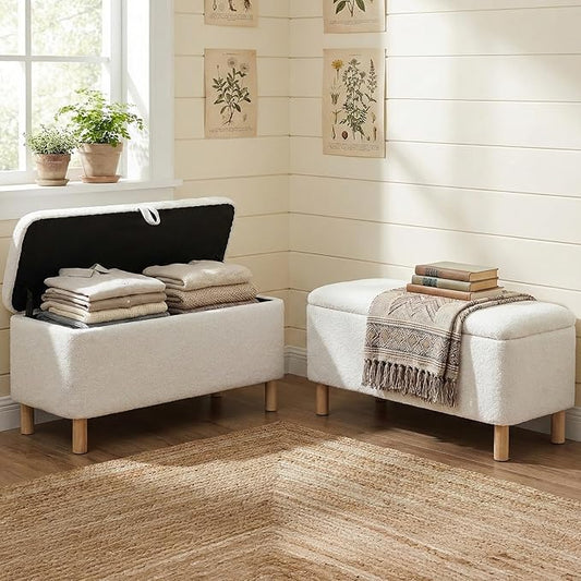 Ottoman with Storage, Storage Ottoman Bench, Entryway Bench, End of Bed Bench with Wood Legs for Bedroom, Living Room,2PCS,Cream
