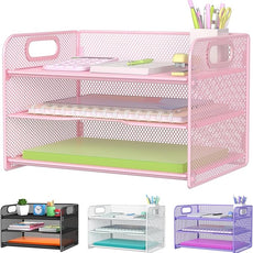 Samstar 3 Tier Pink Letter Tray Paper Organizer with Handle, Mesh Desk Organizer Paper Sorter File Rack Shelves, Pink