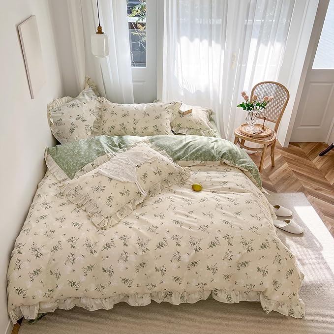 mixinni Reversible Green Floral Duvet Cover Set Twin XL Size - 100% Cotton Botanical Bedding Set with Ruffle Lace, 3PCs Beige Soft Aesthetic Cottagecore Style Duvet Cover for Girls