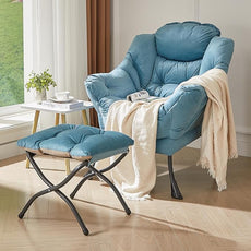 HollyHOME Lazy Chair with Foldable Ottoman, Accent Comfy Lounge Armchair and Folding Footrest Stool, Leisure Sofa Reading Chair and Footstool for Living Room, Bedroom, Dorm,Blue