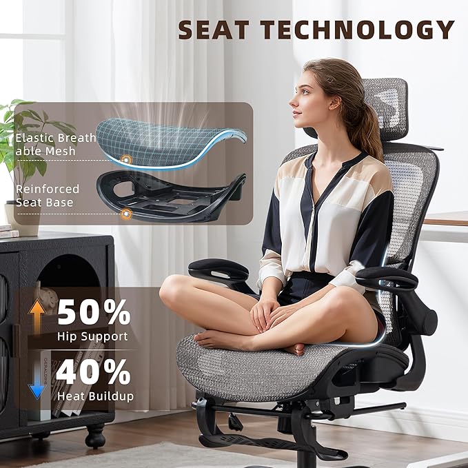 Ergonomic Office Chair, Adjustable High Back Desk Chair with Headrest Footrest 2D Lumbar Support - Executive Breathable Mesh Comfy Swivel Rolling Reclining Computer Task Chairs for Home Office Gaming