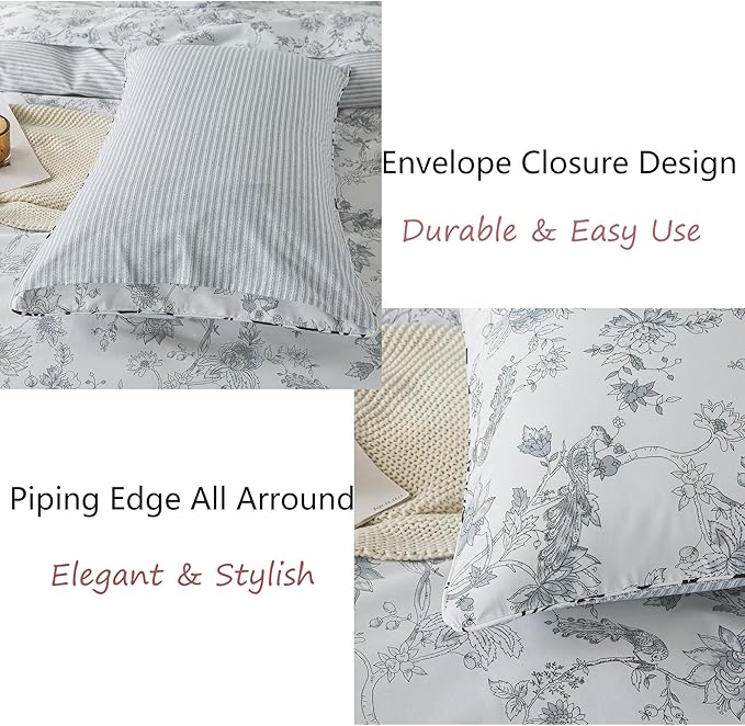 FADFAY Gray and White Duvet Cover Set Queen Shabby White Floral Bedding Vintage Bird Farmhouse Bedding Peacock Quilt Cover Set 100% Cotton Comforter Cover with Hidden Zipper Closure 3Pcs, Queen Size