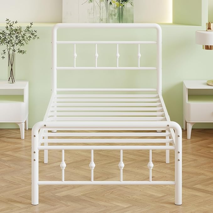 14 Inch White Twin Bed Frames with Victorian Headboard and Footboard, Heavy Duty Vintage Twin Bed Frame No Box Spring Needed, Metal Mattress Foundation, Easy Assembly