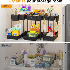 3 Pack Under Sink Organizers, 2-Tier Multi-Use Kitchen and Bathroom Organizers and Storage with Sliding Drawers，Bathroom Cabinet Organizer (Black, 14.8 Inch)
