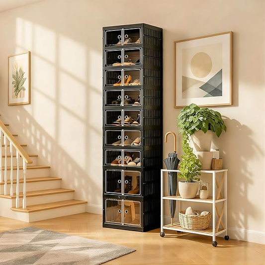 Foldable Shoe Organizer Storage Box, Portable Extra Large Folding Shoe Rack for Closet, Shoe Storage Box with Magnetic Transparent Door and Wheels, 9 Layers 18 Grids with 4 Big Grids