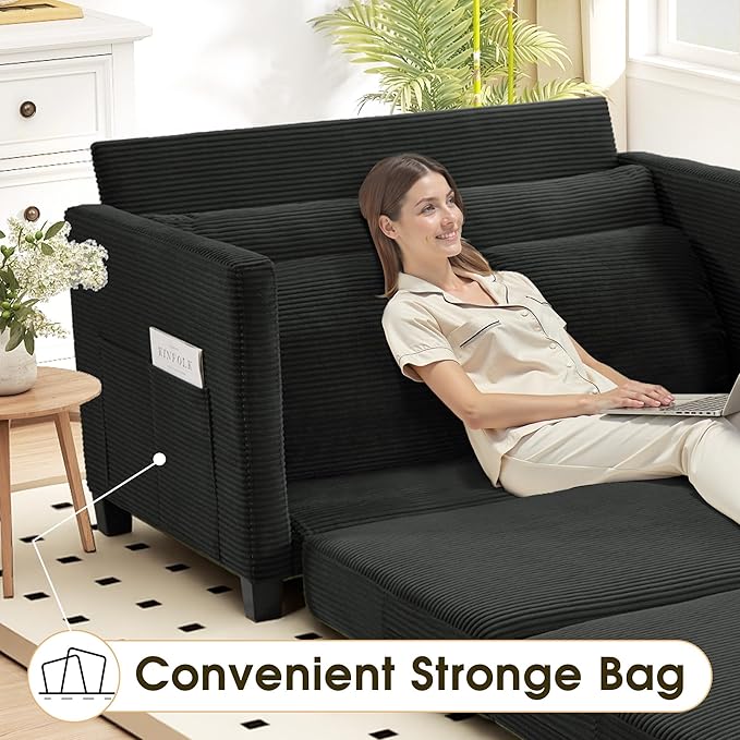 51" Convertible Loveseat Sofa Bed, 2-in-1 Folding Sofa Bed with 2 Pillow for Small Spaces, Modern Loveseat Sleeper Couch for Apartment, Living Room & Guest Room (Black Corduroy, 51 inch)