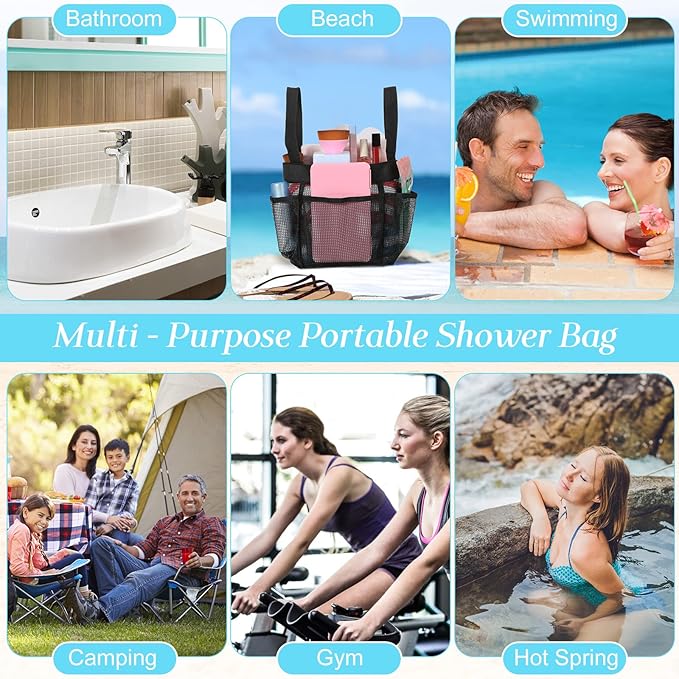 Hillban 4 Pcs Mesh Shower Caddy Portable Large Quick Dry Shower Caddy Basket with Deeper 8 Pockets and 2 Handles Hanging Bag for College Dorm Room(Black)