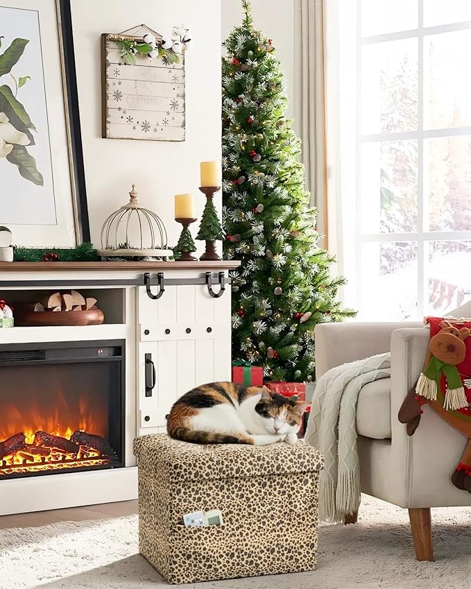 Storage Ottoman Foot Rest Stool, Small Velvet Storage Ottomans Bench, Folding Footstool with Side Pockets, Foot Rest Under Desk for Living Room Bedroom, 17x13x13 in, Leopard Print