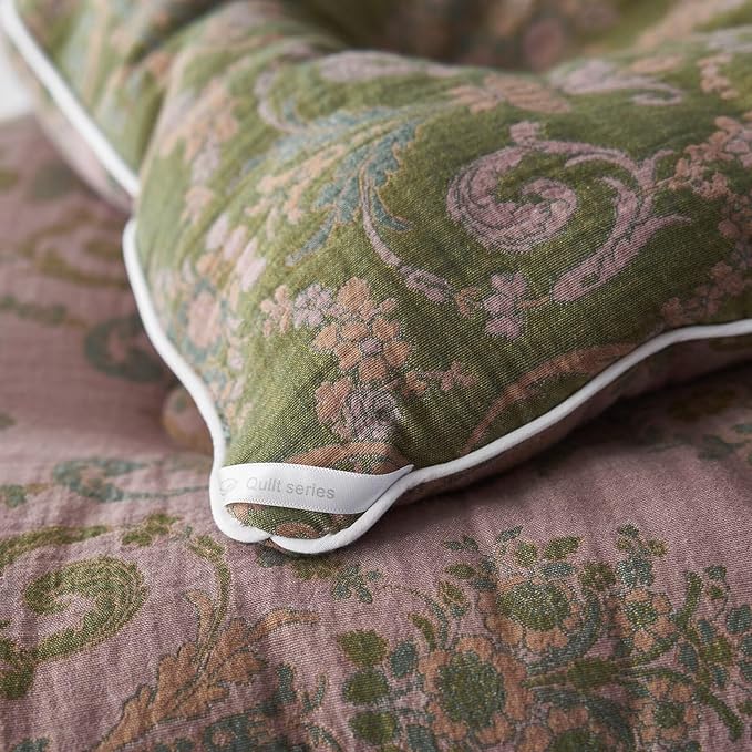 MKXI Floral Linen Comforter Set King Army Green Vintage Paisley Comforter Bedding for Neutral Bedroom Rich Rust Jacquard Floral Bed Comforters for Men Women Cotton Yarn-Dyed Textured Soft Lightweight