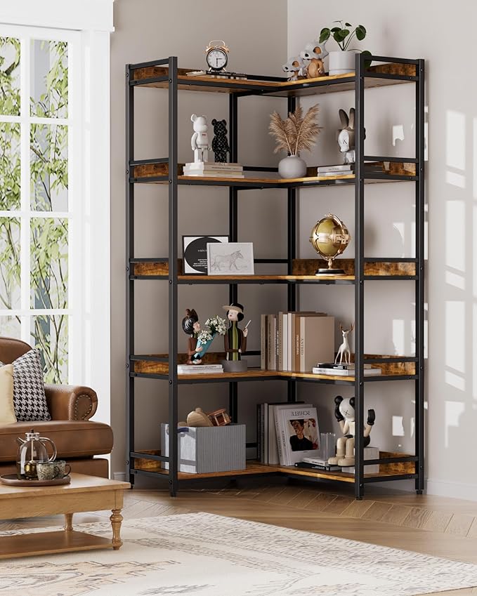 Large 5-Tier Corner Bookshelf - Modern Tall Corner Shelf Storage Display Rack with Sturdy Metal Frame - Perfect for Living Room, Home Office, Books and Decor Display