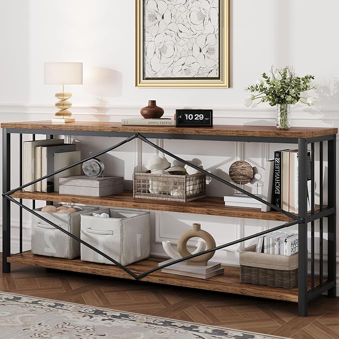 HSH Low Bookshelf, Industrial Wood 3 Tier Extra Long Horizontal Bookcase, Wide Open Metal Large Book Shelf for Bedroom Living Room, Rustic Brown, 70 Inch