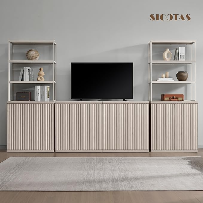 SICOTAS Book Shelf Fluted Bookshelf Cabinet - 75" Tall Bookcase 6 Tier Large Bookshelves with Door Storage Modern Double Wide Book Shelves Case for Living Room Office Library, Metal Frame, White Alder