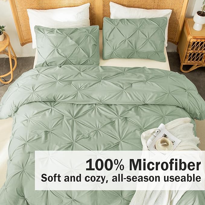 Andency Sage Green Comforter Queen Size, 3 Pieces Western Cute Pintuck Bedding Comforters & Sets for Queen Bed, All Season Solid Lightweight Soft Down Alternative Pinch Pleat Bed Set