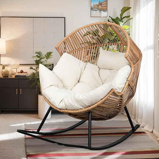 Vongrasig Comfy Wicker Rocking Egg Chair, Soft Thick Cushion Rattan Lounge Chair, High Capacity Steel Frame, Reading Chair for Living Room, Bedroom, Dorm Rooms (Beige)