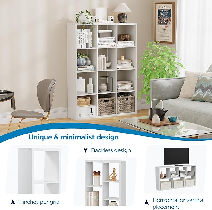 12-Cube Storage Organizer, Wooden Cube Shelf Bookcase with Reinforced Thick Shelves, Heavy-Duty 36.93" L x 9.37" W x 48.82" H, for Living Room Bedroom Home Office, White