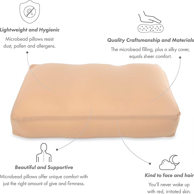 PILLOWY Premium Microbead Bed Pillow, Large Extra Fluffy But Supportive - Ultra Comfortable Sleep with Silk Like Anti Aging Cover 85% Spandex/ 15% Nylon Breathable, Cooling Barely Beige