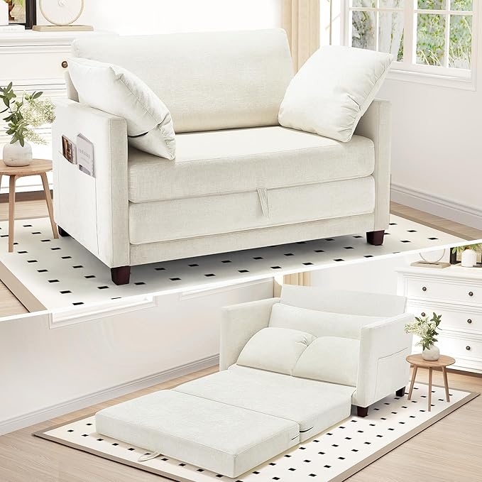 51" Convertible Sofa Bed, 2 in1 Folding Sofa Bed, Loveseat Sleeper Sofa for Small Spaces, Fold Out Floor Couch with 2 Pillows for Apartment, Living Room & Guest Room, Beige Chenille Fabric