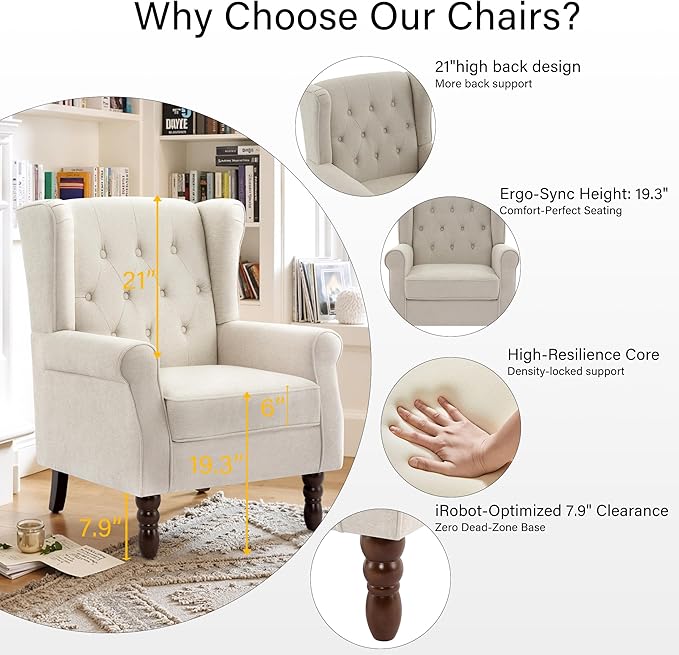 Lumibee High Back Accent Chair,Upholstered Wingback Armchair with Solid Wood Legs for Small Spaces,Comfy Single Sofa Chair for Living Room,Bedroom,Office-Beige