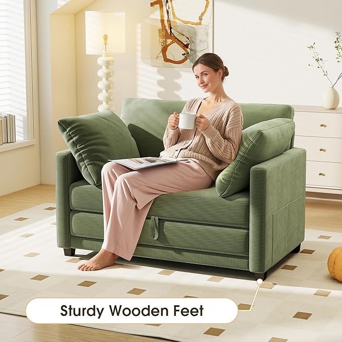 51" Convertible Loveseat Sofa Bed, 2-in-1 Folding Sofa Bed with 2 Pillow for Small Spaces, Modern Loveseat Sleeper Couch for Apartment, Living Room & Guest Room (Green Corduroy, 51 inch)