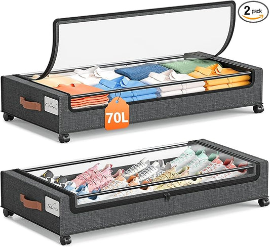 Yecaye 70L Under Bed Storage with Wheels, 2Pack Larger Capacity Under Bed Storage Containers, Underbed Shoe Storage Organizer, Rolling Under Bed Metal Drawers for Clothes, Blankets(35.5 x 17 x 6.7in)