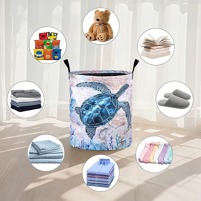 Sea Turtle Laundry Basket Foldable Oxford Cloth Tote Bag Laundry Hamper Clothes Storage Bucket Organizer For Bathroom/Laundry Storage/Bedroom 19.6x15.7 Inch