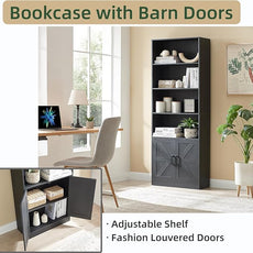 70in Tall Bookshelf 6 Tier Bookcase with Barn Doors and Adjustable Shelf, Black Farmhouse Book Shelves with Storage Cabinet,Wood Floor Standing Display Bookshelve for Bedroom,Living Room,Kitchen
