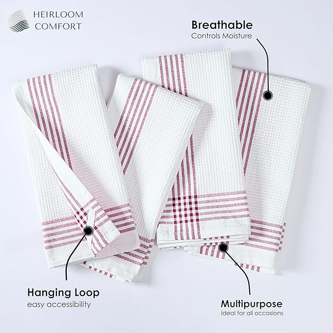 Burgundy and White Waffle Kitchen Towels 12 Pack, 100% Cotton, 16x26 Inch, Absorbent, Quick Dry, Durable Dishcloths for Wiping, Cleaning, Machine Washable, Kitchen, and Cooking Use