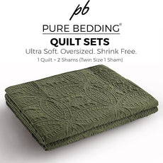 Pure Bedding Quilt Set Full/Queen Size Olive Green - Oversized Bedspread - Soft Microfiber Lightweight Coverlet for All Season - 3 Piece Includes 1 Quilt and 2 Shams, Geometric Pattern