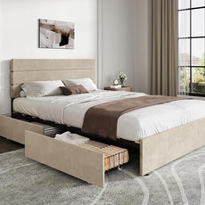 WLIVE Queen Size Upholstered Bed Frame with 4 Storage Drawers and Headboard, Velvet Platform Bedframe, Sturdy Metal & Wooden Slats Support, No Box Spring Needed, Easy Assembly, Beige