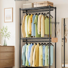 SONGMICS Heavy-Duty Rolling Clothes Rack, Garment Rack, Portable Closet, 35.4-Inch Wide Clothing Rack on Wheels, with Adjustable Mesh Shelves and Hanging Rails, Hooks, Ink Black ULGR413B01