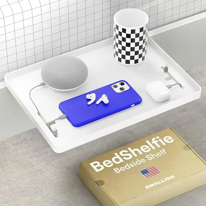 BedShelfie Bedside Shelf for Dorm Room Bunk Bed & Top Bunk, College Dorm Room Essentials, Bedside Caddy, Clip on Floating Desk Tray, Bed Side Table Storage, Loft Nightstand Decor - Cable Catch, White BedShelfie