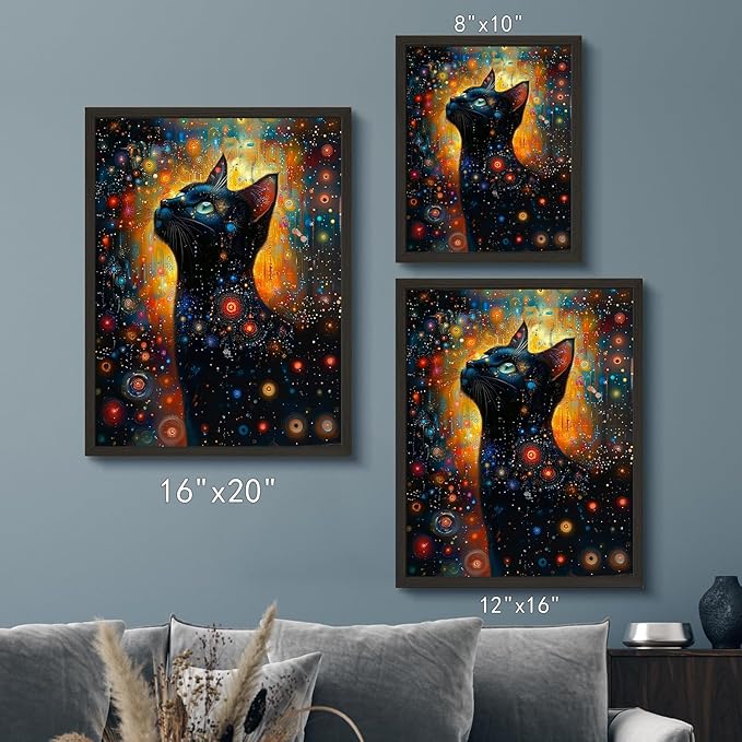 Monet Style Black Cat Wall Art Prints Cat Looking Up At The Stars Poster Canvas Art Wall Decor Picture For Bedroom Office Bathroom Wall Decor Aesthetic Home Artwork 8" × 10" With Framed