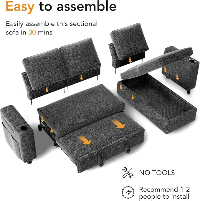 Sunny Heart L-Shaped Sleeper Sofa with Pull Out Bed, 82" Sectional Couch with Reclining Backrest, Reversible Storage Chaise, Armrest Storage, Cup Holders, Side Pockets, Tool-Free Assembly, Grey
