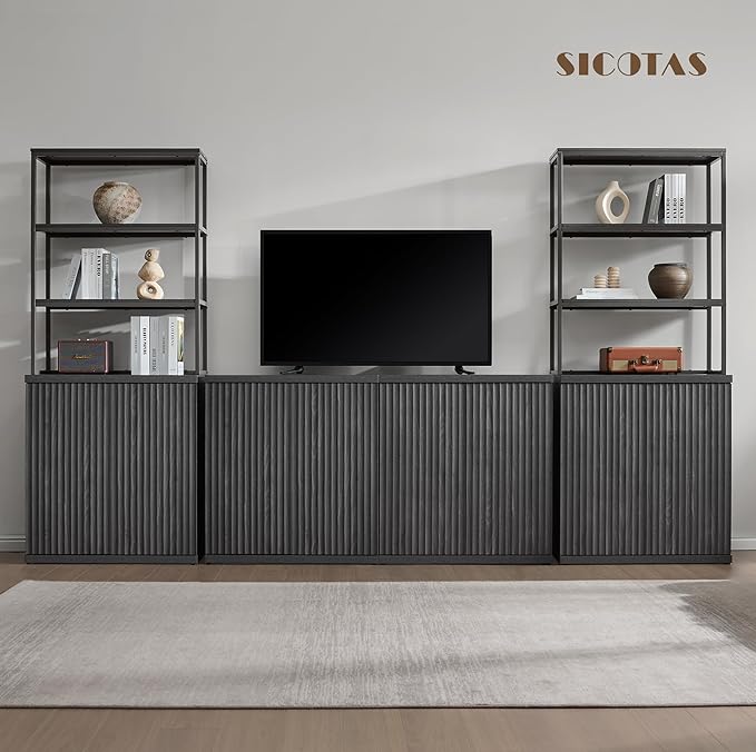 SICOTAS Fluted Bookshelf with Doors - 75" Tall Book Shelf with Storage 6 Tier Large Bookcase with Bottom Cabinet - Modern Metal Book Case for Living Room, Home Office, Kitchen and Library, 2 Pieces