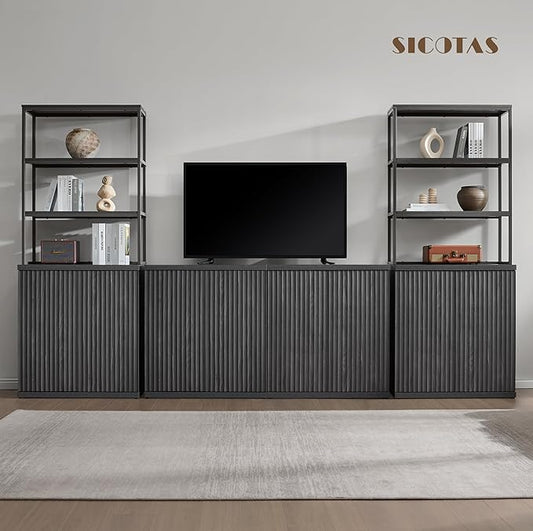 SICOTAS Fluted Bookshelf with Doors - 75" Tall Book Shelf with Storage 6 Tier Large Bookcase with Bottom Cabinet - Modern Metal Book Case for Living Room, Home Office, Kitchen and Library, 2 Pieces