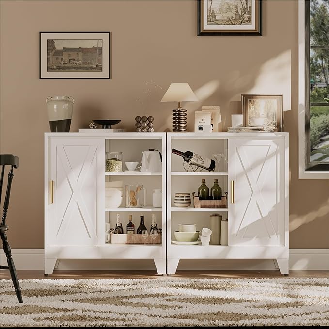 Metal Coffee Bar Cabinet with Storage, Farmhouse Coffee Bar Table with Sliding Barn Door and Adjustable Shelves, Small White Sideboard Cabinets for Kitchen, Entryway, Office