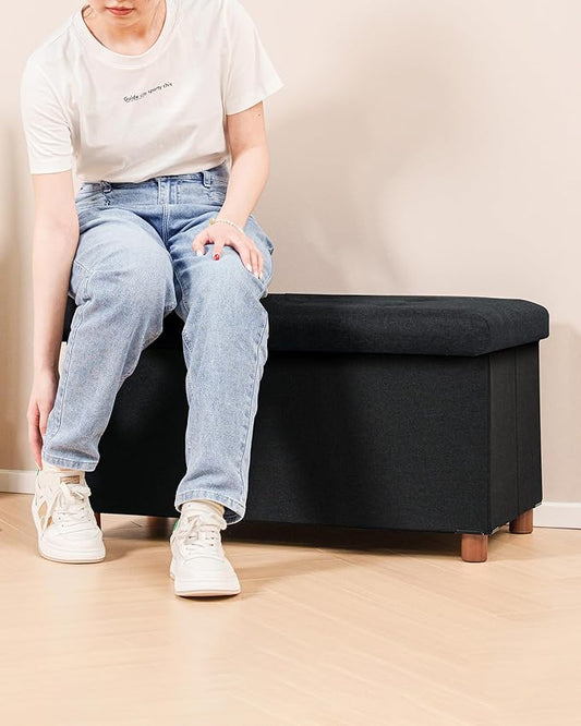 B FSOBEIIALEO Storage Ottoman with Tray, Foot Stools and Ottomans with Legs, Storage Cube Seat Linen Black 30"