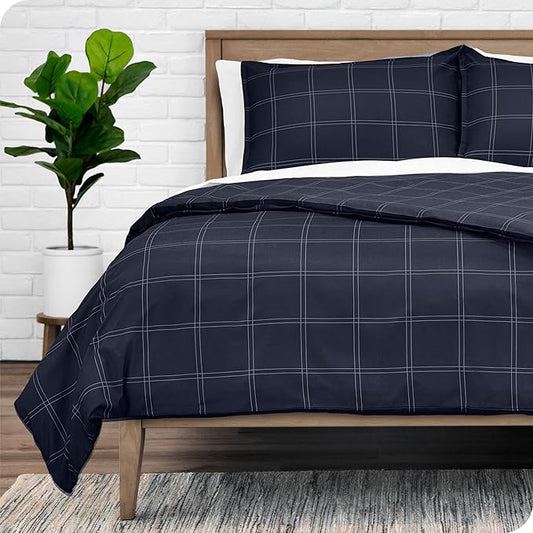 Bare Home Bedding Duvet Cover Set Extra Long Size - Premium 1800 Collection - Lightweight, Cooling - Soft Textured (Twin/Twin XL, Modern Plaid - Midnight Blue/White)