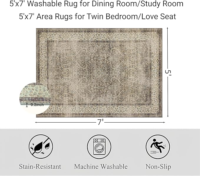 RCTJHOME 5'x7' Washable Area Rugs for loveseat Living Room/Twin Bedroom/Study Room, Modern Abstract Soft Carpet, Low Pile Floor Rug with Non Slip Backing for Dining Room, Retro Golden Brown Multi