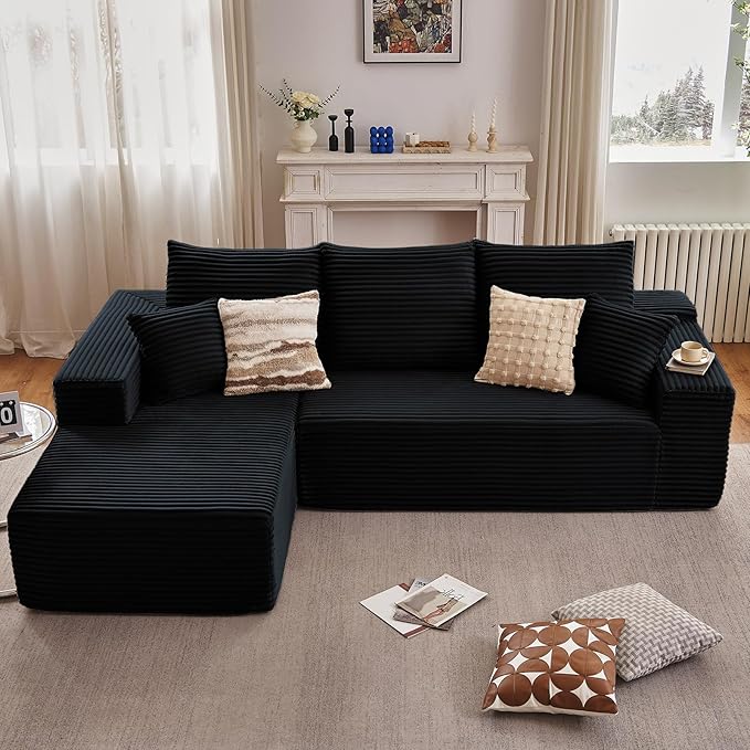107" Modular Sectional Couches for Living Room, Comfy Boneless L Shaped Cloud Couch with Chaise Lounge, Modern Cozy Corduroy Deep Seat Floor Sofa, Memory Foam, No Assembly Required, Black