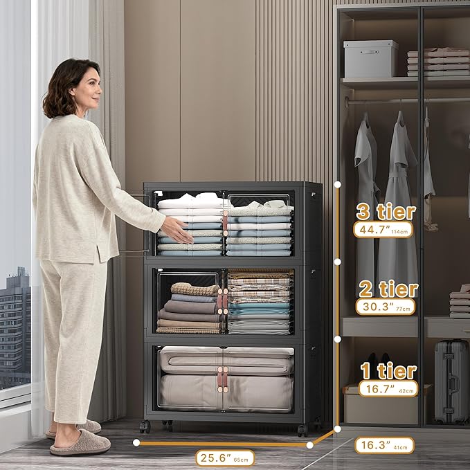 Extra Large Stackable Storage Bins with Lids & Wheels & Door, 336QT-112QT/28GAL*3Pack Foldable Collapsible Closet Organizers, Plastic containers drawers for bedroom Dorm