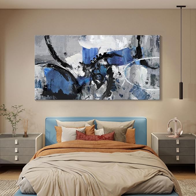 Large Abstract Wall Art - Canvas Wall Art in Blue and Black Tones, Framed Gray Artwork for Living Room, Bedroom, and Office Decorations for Work - Modern Wall Decor and Pictures
