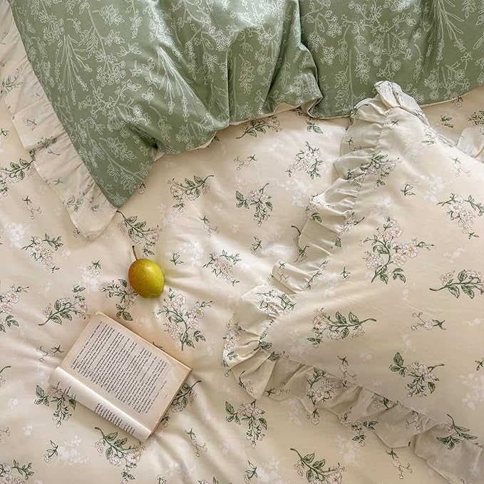 mixinni Reversible Green Floral Duvet Cover Set Twin Size - 100% Cotton Botanical Bedding Set with Ruffle Lace, 3PCs Beige Soft Aesthetic Cottagecore Style Duvet Cover for Girls