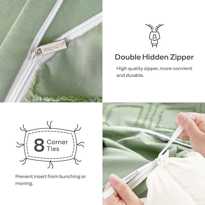 JELLYMONI Duvet Cover King Size Light Green - 3PCS Boho Duvet Cover Set Plaid Polyester Tufted Bohemian Jacquard Knit Textured Comforter Cover 104×90in Rhombic Geometric Pattern Zipper Corner Tie