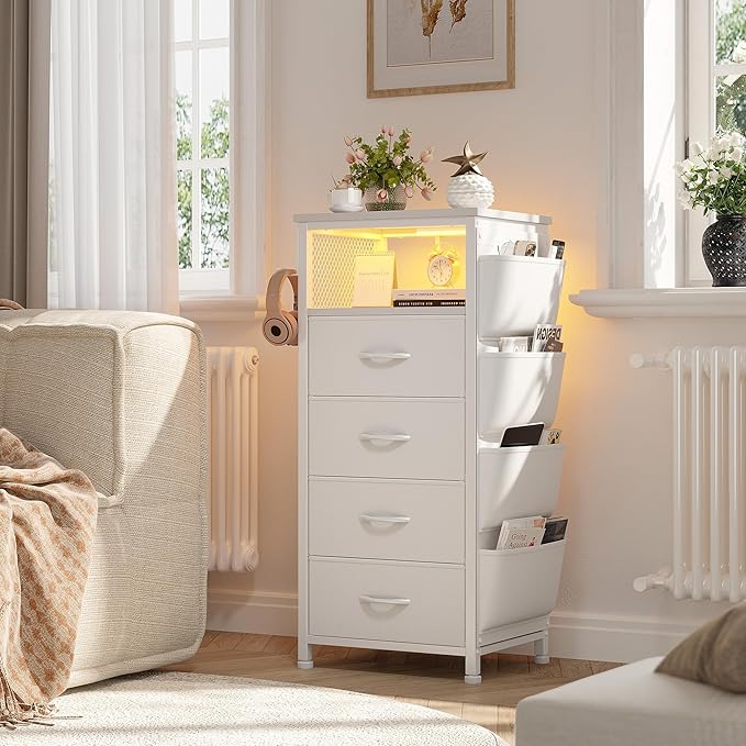 EnHomee White Nightstand Set of 2,LED Night Stand with Charging Station,Fabric Dresser for Bedroom, Hallway, Entryway, Living Room, Closet, Sturdy Steel Frame, Wood Top, Cloth Bags, Hooks, White