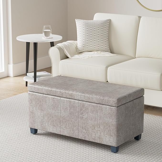 SIMPLIHOME Dover 36 inch Wide Contemporary Rectangle Storage Ottoman Bench in Distressed Grey Taupe Vegan Faux Leather, Assembled, For the Living Room, Entryway and Family Room