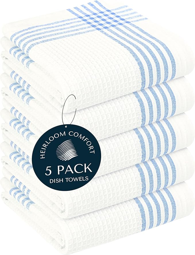 Sky Blue and White Cotton Kitchen Towels 5 Pack, 16x26 Inch, Waffle Weave, Quick Dry, Absorbent, Durable Dish Towels for Drying, Cleaning, Cooking, Daily Kitchen Use